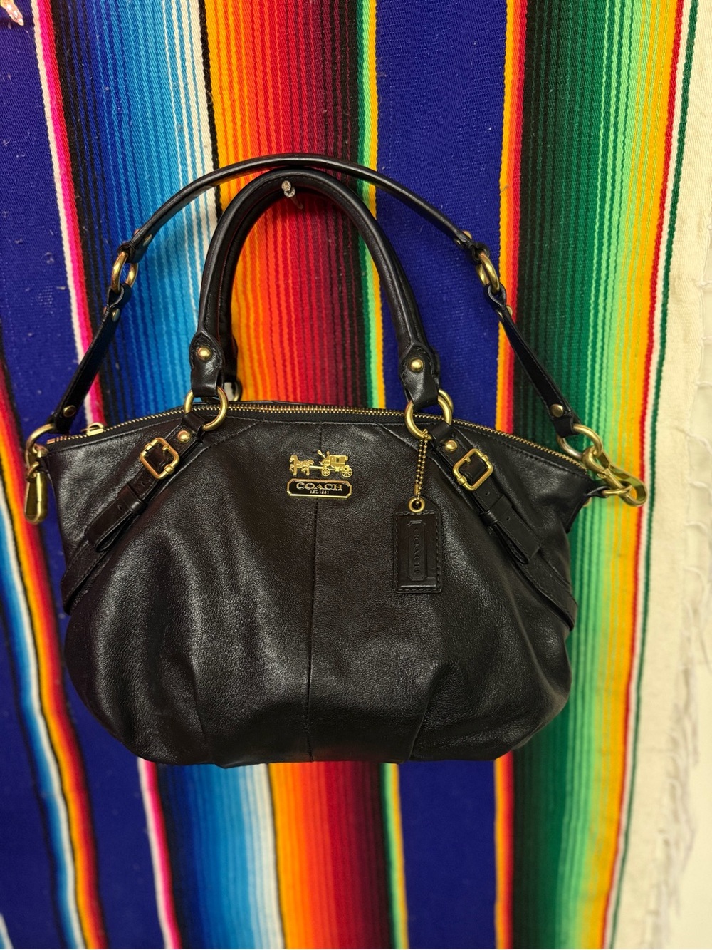 Coach Black Leather Shoulder Satchel with Gold Hardware comes with COA